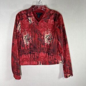 BCBG Nordstrom Exclusive Faux Suede Zip Jacket Art Pop Core Red Geometric Bird